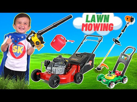 Lawn Mower, Weed Eater, Leaf Blower for Kids | Power Tools with Obstacle Course | Grass Cutting Play