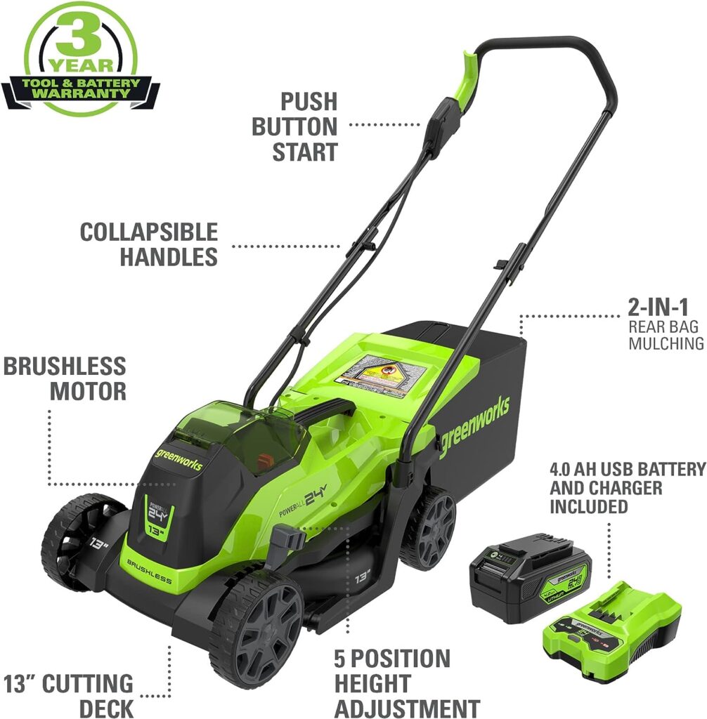 Greenworks 24V 13-Inch Brushless Push Lawn Mower, Cordless Electric Lawn Mower with 4.0Ah USB (Power Bank) Battery and Charger Included