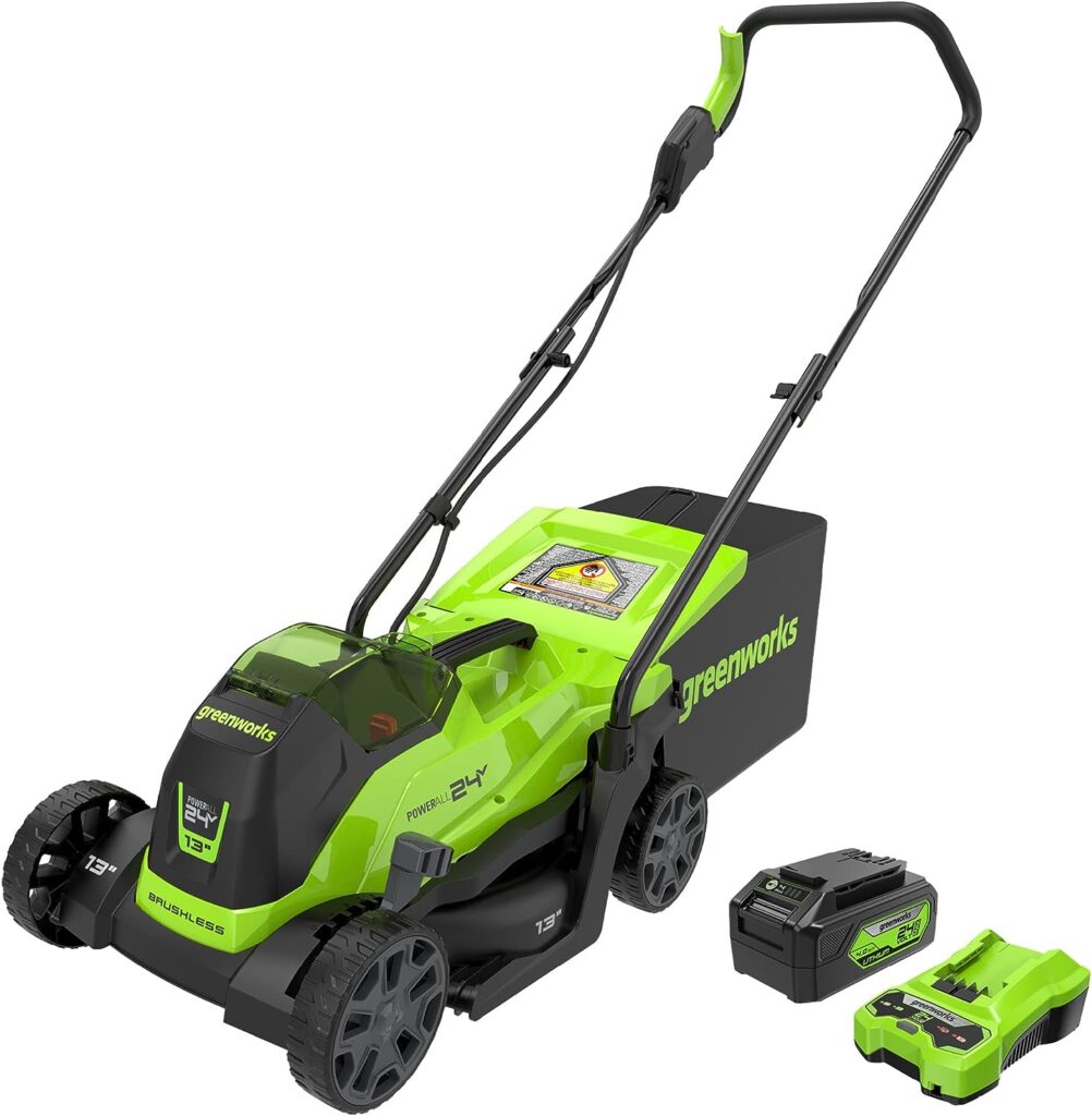 Greenworks 24V 13-Inch Brushless Push Lawn Mower, Cordless Electric Lawn Mower with 4.0Ah USB (Power Bank) Battery and Charger Included